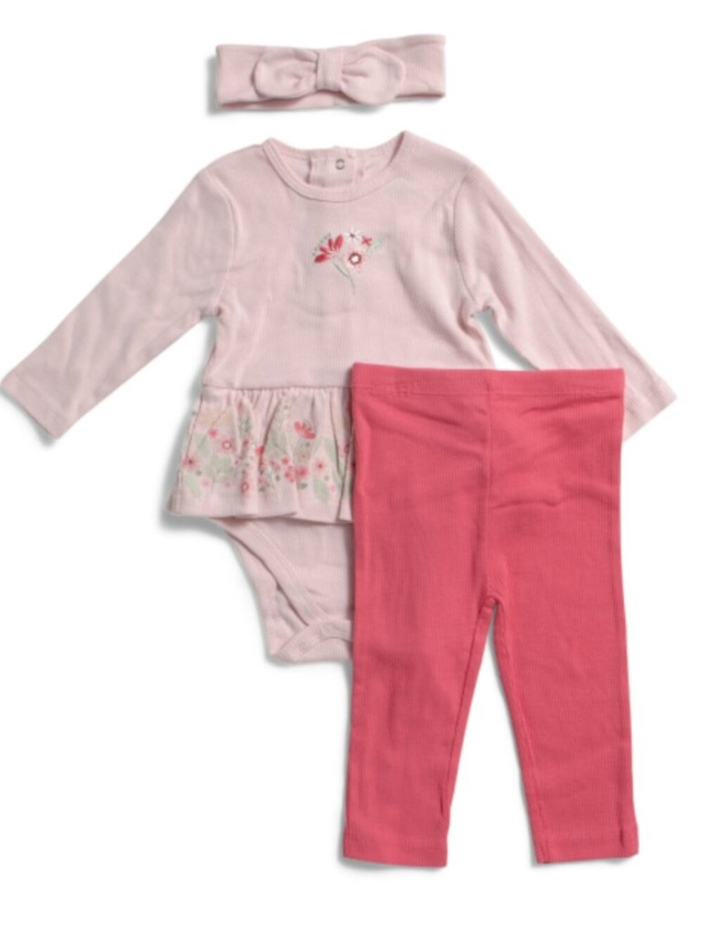 NWT LITTLE ME Girls 3pc Floral Border Cotton Bodysuit & Pants Set w Headband